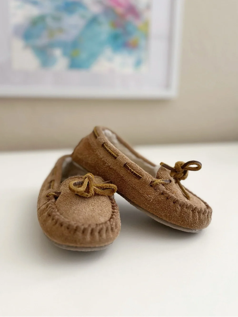Minnetonka Tan Suede Shearling-Lined Moccasin Slippers